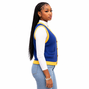 Cardigan en tricot bleu et jaune pour femme, sans manches, col en V, boutonné devant, pull décontracté - Product Image 3