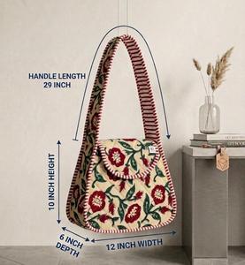 Petit sac à bandoulière en coton matelassé imprimé à la main, sac à rabat floral avec longue anse, 12x10 pouces - Product Image 4