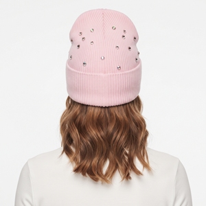 Bonnet d'hiver rose personnalisé brodé, bonnet tricoté chaud, doux, décoré de strass et de perles, couvre-chef pour femmes par temps froid - Product Image 6