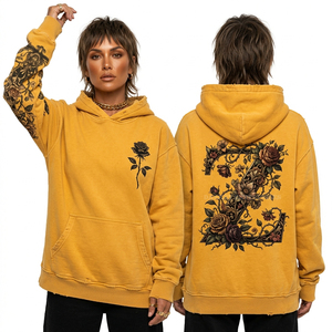 Womens Mustard Yellow Hoodie Floral Alphabet Graphic Print Sleeve Rose Art <b>Distressed</b> Raw Edge Fleece Pullover Boutique <b>Top</b> - Product Image 1