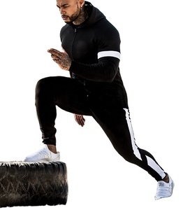 Wholesale Men's Sleeve Stripe Active Gym Wear Tracksuit Set With Kangaroo Pocket Men's Full Front Zip Sweatsuit Set - Product Image 1