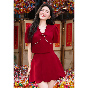 Blusa roja con cuello en V y manga corta para mujer, blusa con mangas abullonadas y detalle de lazo, top corto femenino para fiesta, estilo informal THETIS - Product Image 5