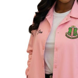 Pink Women Snap Front <b>Jacket</b> with Green Embroidered Crest Long Sleeve Casual Lightweight Coach <b>Jacket</b> Comfortable Everyday Wear - Product Image 2