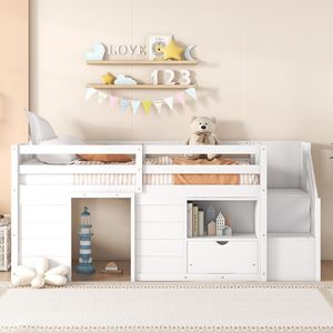 Letto a soppalco basso in legno massello per bambini, con scaletta e cassetto, e mensola bianca - Product Image 2