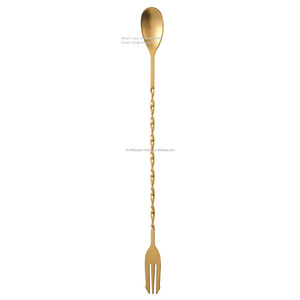 Cuchara de cóctel con tenedor, cabezas dobles, acero inoxidable, chapado en cobre, mango largo en espiral, barra agitadora mezcladora, accesorios - Product Image 5