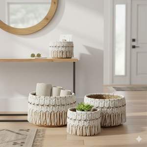 Juego de 3 cestas de macramé TDH, artesanía de macramé con corteza de banano - Product Image 3