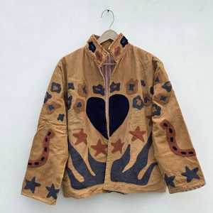 Hand Embroidered <b>Velvet</b> Ethnic Cotton <b>Jacket</b> with Heart and Star Patchwork Stand Collar Full Sleeve Autumn <b>Women's</b> Coat - Product Image 1