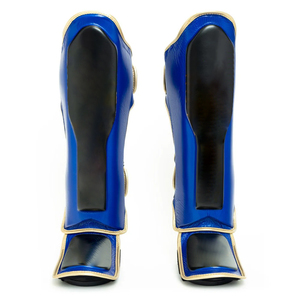Protège-tibias de boxe en cuir bleu-noir de bonne qualité, meilleur fournisseur à prix raisonnable, équipement de boxe protecteur avec fermeture auto-agrippante - Product Image 1