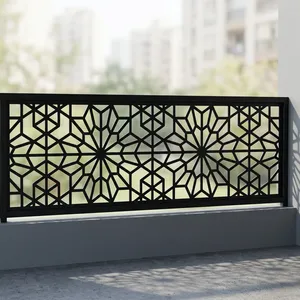Barandilla Moderna de Metal Negro para Balcón con Paneles de Patrón Floral Geométrico para Terraza y Diseño de Seguridad Exterior - Product Image 1