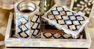 Handcrafted Arabic Style Rectangular Beige <b>Wood</b> Bone Inlay Bakhoor Oud <b>Burner</b> Tray Set Non-electric Candle Warmer Made in India - Product Image 5