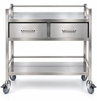 Chariot de laboratoire en acier inoxydable en promotion avec 2 tiroirs télescopiques, chariot de rangement mobile à roulettes pivotantes, résistant à la corrosion