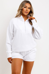 Conjunto Deportivo de Sudadera Blanca con Cierre de Cremallera y Pantalones Cortos para Mujer, Talla Grande, Color Sólido, Corte Holgado, Manga Larga, Ropa de Primavera - Product Image 6