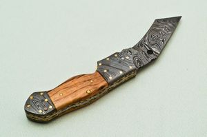 Navaja Plegable Hecha a Mano de Acero de Damasco con Mango de Madera de Olivo, Cuchillo Táctico para Camping y Caza, Dureza 58HRC, Garantía de 3 Años - Product Image 3