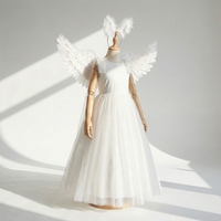 Robe de bal longue blanche avec ailes d'ange, robe de princesse formelle pour mariage, robe de demoiselle d'honneur pour filles, robe de demoiselle d'honneur pour fête, manches à volants en satin