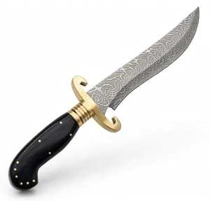 Couteau utilitaire d'extérieur artisanal en acier Damas à matrice mosaïque, manche en corne noire, garde en laiton en forme de S - Product Image 1