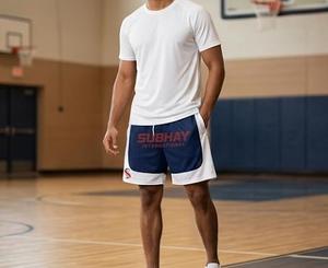 Shorts en maille bleu et blanc unisexe Subhay International, séchage rapide, logo imprimé sur le devant, vêtements de sport pour adultes - Product Image 2