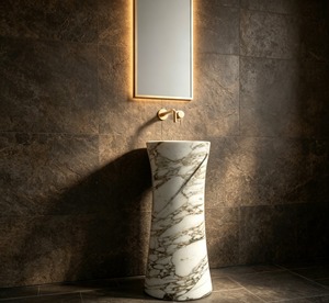 Lavabo de Pedestal de Mármol Contemporáneo, Forma de Vaso, Acabado Pulido, Lavabo Independiente para Baño, Soporte para Grifo de un Solo Orificio - Product Image 1