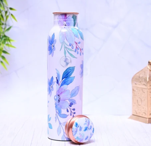 Botella de Agua de Cobre Puro con Diseño Floral en Acuarela, Hecha a Mano, Estilo Rústico, Frasco de Agua de Cobre Artesanal con Diseño Floral Impreso - Product Image 1