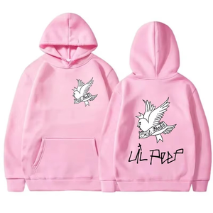 เสื้อสเวตเตอร์มีฮู้ดสีชมพู เสื้อสวมหัวผ้าฝ้ายโอเวอร์ไซส์สำหรับทั้งชายและหญิง พิมพ์ลายนกมีปีกด้านหน้าและด้านหลัง ชุดลำลองสำหรับฤดูใบไม้ร่วง - Product Image 1