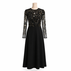 Vestido de Noche Negro de Lujo con Bordado para Mujer |   Vestido Largo de Fiesta Formal con Lentejuelas y Malla Premium, Manga Larga, para Cóctel, Boda, Maxi - Product Image 1