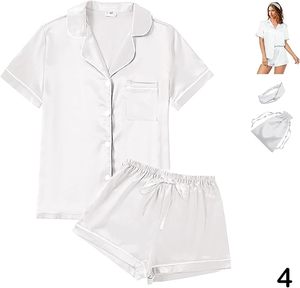 Conjunto de Pijamas de Satén para Mujer, Manga Corta, Cierre de Botones, Color Blanco Sólido, Estilo Clásico, 4 Piezas, Ropa de Dormir para Verano - Product Image 1