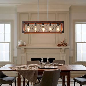 32\" Red Wood Industrial Farmhouse 5-<b>Light</b> Chandelier Rectangle Pendant <b>Light</b> for Dining Room Kitchen Cafe Decor (No <b>Bulbs</b>) - Product Image 1