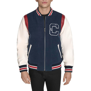 <b>Men's</b> Navy Varsity <b>Jacket</b> With <b>White</b> Sleeves And Red Accents Embroidered C Logo Zipper Closure Preppy Style Autumn Wear - Product Image 1