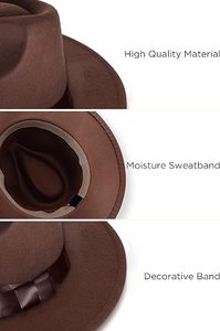 Black Wool Felt Fedora Hat Ribbon Band Adjustable Wide Brim Unisex Classic Style for Party Outdoor Travel - Product Image 2