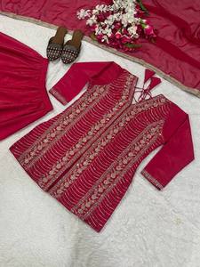 Pink Embroidered <b>Kurta</b> Set With Palazzo Pants Traditional <b>Indian</b> Pakistani Women's Loose Fit Floor-Length Wedding Wear - Product Image 4