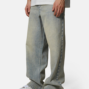 Men's Stonewashed Straight Leg Loose Fit Denim Jeans Mid Waist Casual Cotton Fabric Spring Style - Product Image 1