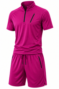 Grace Collection Men's Sporty Streetwear <b>Hooded</b> Quarter-<b>Zip</b> Short Sleeve Top Shorts Set Quick Dry Fleece Winter Solid Color 100% - Product Image 2