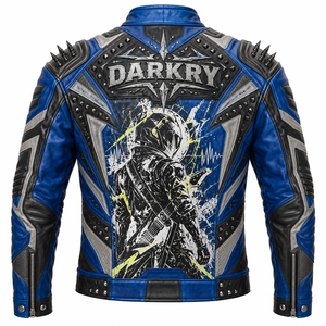 Men Blue Real Leather <b>Spiked</b> Biker Jacket Electric Guitar Graphic Print <b>Metal</b> Studded Coat Custom OEM ODM Vendor Factory Export - Product Image 2