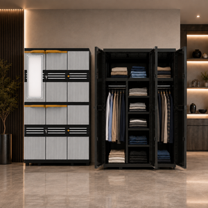 Naiba Mega <b>Portable</b> Plastic Cabinet/<b>Wardrobe</b> with Gray Wood Style Doors & Mirror & Hanger for Clothing & Bedroom Storage - Product Image 1