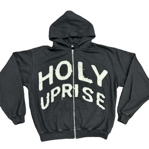 Sudadera con capucha y cremallera negra para hombre Holy Uprise, de poliéster polar oversize, anti-bolitas, con bolsillo, estilo urbano para la parte delantera. - Product Image 1
