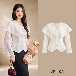 Blusa de Encaje Color Marfil para Mujer, Cuello en V, Manga Larga, Elegante, con Patrón Geométrico Bordado, Top de Primavera/Verano JULIAN - Product Image 1