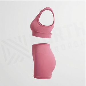 ชุดโยคะ 2 ชิ้นแบบมีริบบิ้น North Approach เสื้อชั้นในกีฬาแบบ Racerback กางเกงขาสั้นเอวสูง สีชมพูพื้น ระบายอากาศได้ดี ชุดออกกำลังกายสำหรับผู้หญิง - Product Image 3