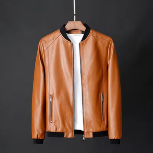 Chaqueta de Cuero Estilo Bomber para Hombre, Color Azul Marino, Cuello Alto, Cierre de Cremallera, Corte Regular, Estilo Motociclista, Color Sólido, para Otoño - Product Image 4