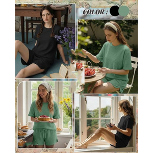 Conjunto de Camiseta y Pantalones Cortos de Punto Waffle para Mujer, Ropa Casual Holgada de Dos Piezas, Venta al Por Mayor - Product Image 2