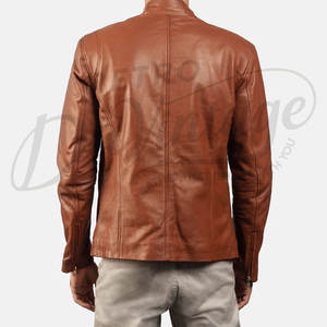 เสื้อแจ็คเก็ตหนังแท้สีน้ำตาลแทนพรีเมียมสำหรับผู้ชาย ทรงเข้ารูป คอตั้ง ซิปคลาสสิก สไตล์นักขี่มอเตอร์ไซค์ เสื้อคลุมสตรีทแวร์ - Product Image 5