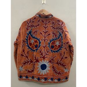 Hand Embroidered <b>Velvet</b> Knitted Cotton <b>Jacket</b> <b>Women</b> Mandarin Collar Full Sleeve Floral Pattern Open Front Prairie Winter/Spring - Product Image 2
