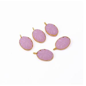 Stylish Pink Chalcedony Flower Carving Bezel Set Handmade Gold Plated Oval Shape Brass <b>Pendants</b> & <b>Charms</b> <b>Fashion</b> Jewelry Making - Product Image 3