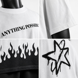 <b>White</b> Oversized Graphic <b>T</b> <b>Shirt</b> Loose Drop Shoulder Crew Neck Letter Print Flame Hem Tee - Product Image 4