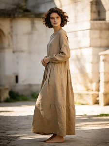 Robe longue blanche de style bohème pour femmes, manches longues, coupe ample, fluide, en coton et lin, légère, robe longue de vacances - Product Image 4