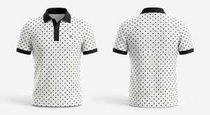 Polo homme personnalisé blanc et noir à pois, bords noirs fins et lisses, manches courtes, décontracté, en coton, pour le golf, design estival - Product Image 1