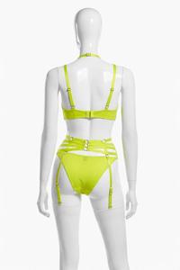 Conjunto de sujetador con aros y tanga en verde neón con tirantes halter y hebillas ajustables para mujer - Product Image 4