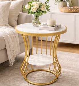 โต๊ะข้างทรงกลมหินอ่อนหรูหรา โครงโลหะสีทอง โต๊ะวางของตกแต่งสไตล์โมเดิร์น พร้อมชั้นวางด้านล่าง สำหรับห้องนั่งเล่น - Product Image 1