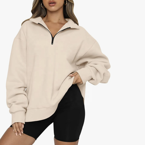 Sweat-shirts à capuche pour femmes, hiver, coupe oversize, quart de zip, en polaire, manches bouffantes, logo de marque personnalisé, grammage lourd, respirant, grandes tailles - Product Image 1