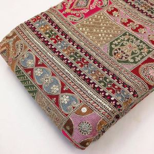 Embroidered Brocade Fabric with <b>Sequin</b> and Metallic Thread Heavyweight Cushion Material in <b>Red</b> Pink Green and Gold Patterns - Product Image 1