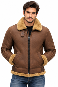 Men’s Vintage Brown Shearling Leather Bomber Jacket with Fur Collar, Zip Closure and Adjustable Waist <b>Tabs</b> - Product Image 3