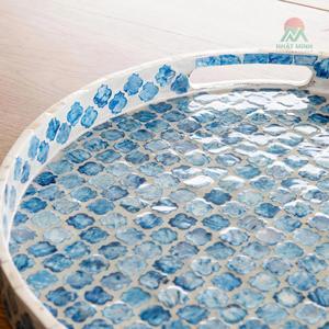 ถาดเสิร์ฟลายโมร็อกโกทรงกลม งานแฮนด์เมด สีน้ำเงินขาว ของตกแต่งบนโต๊ะอาหาร - Product Image 2